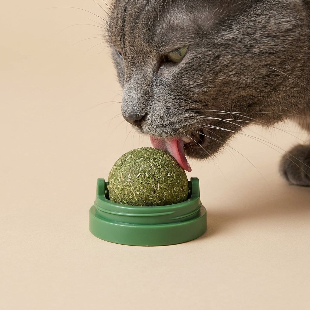 Grey cat close-up licking green catnip ball in forest green cradle