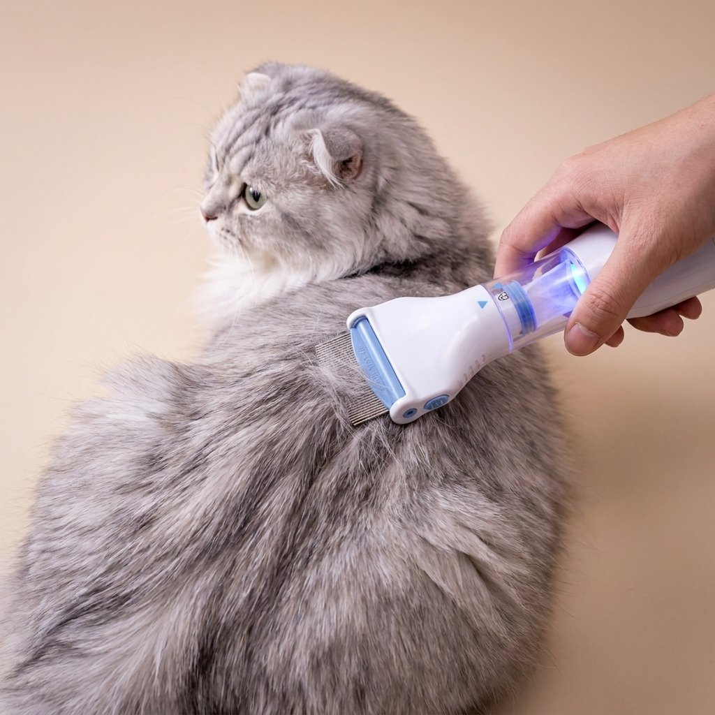 Electric flea comb in use on fluffy grey cat, white body and light blue accents