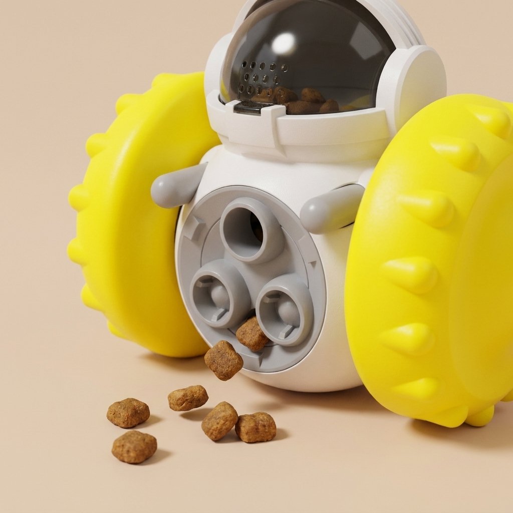 White treat dispenser toy with yellow knobby wheels and kibble at the treat holes