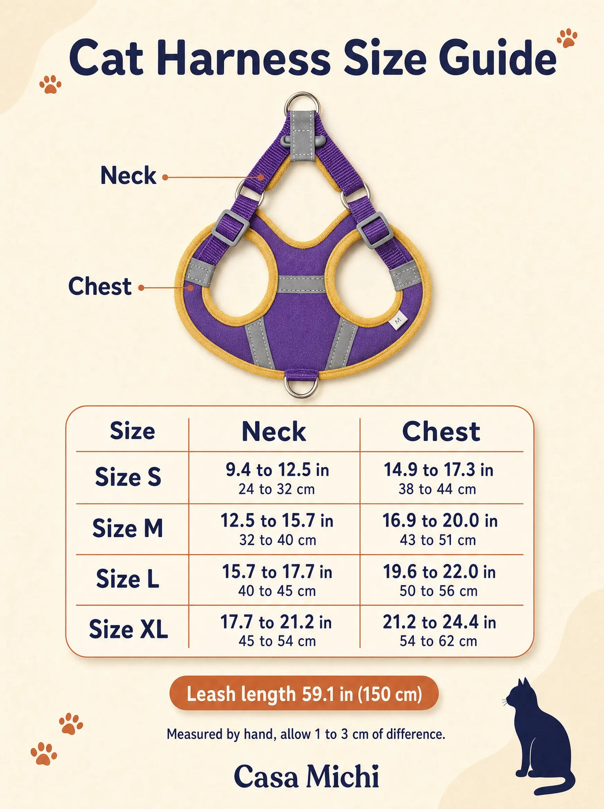 Casa Michi cat harness size guide with neck and chest measurements for sizes S, M, L and XL