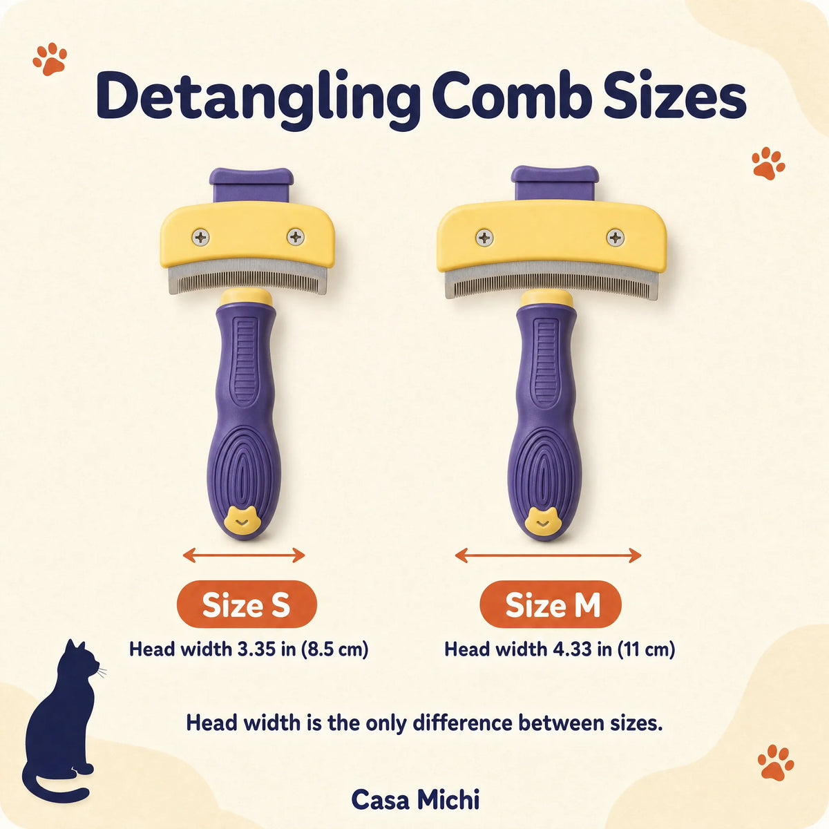 Casa Michi detangling comb size guide: Size S head width 3.35 in (8.5 cm), Size M 4.33 in (11 cm)