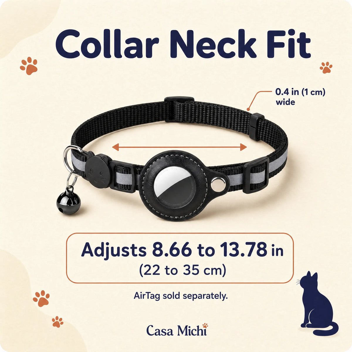 Casa Michi reflective AirTag cat collar neck fit guide: adjusts 8.66 to 13.78 in (22 to 35 cm)