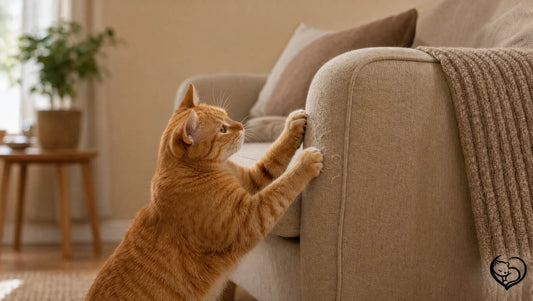Orange tabby cat stretching up to scratch the arm of a beige sofa