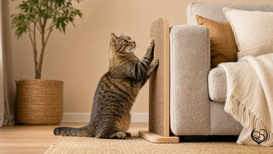Tabby cat stretching up on a cardboard scratcher placed beside a gray sofa arm