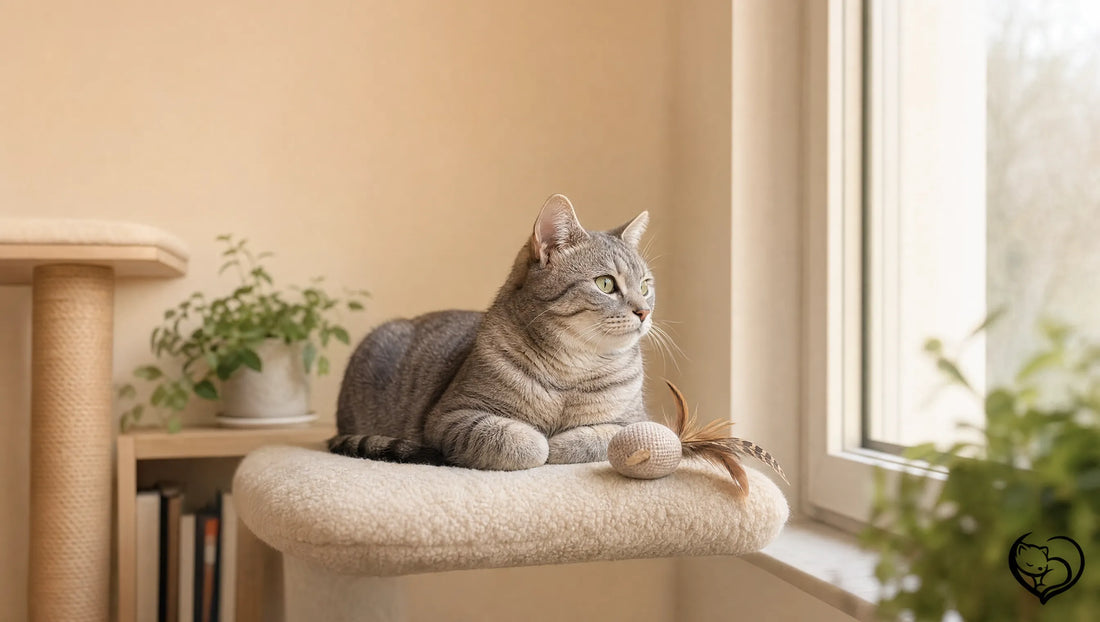 Gray tabby cat resting on a cat tree perch by a sunny window with a feather toy