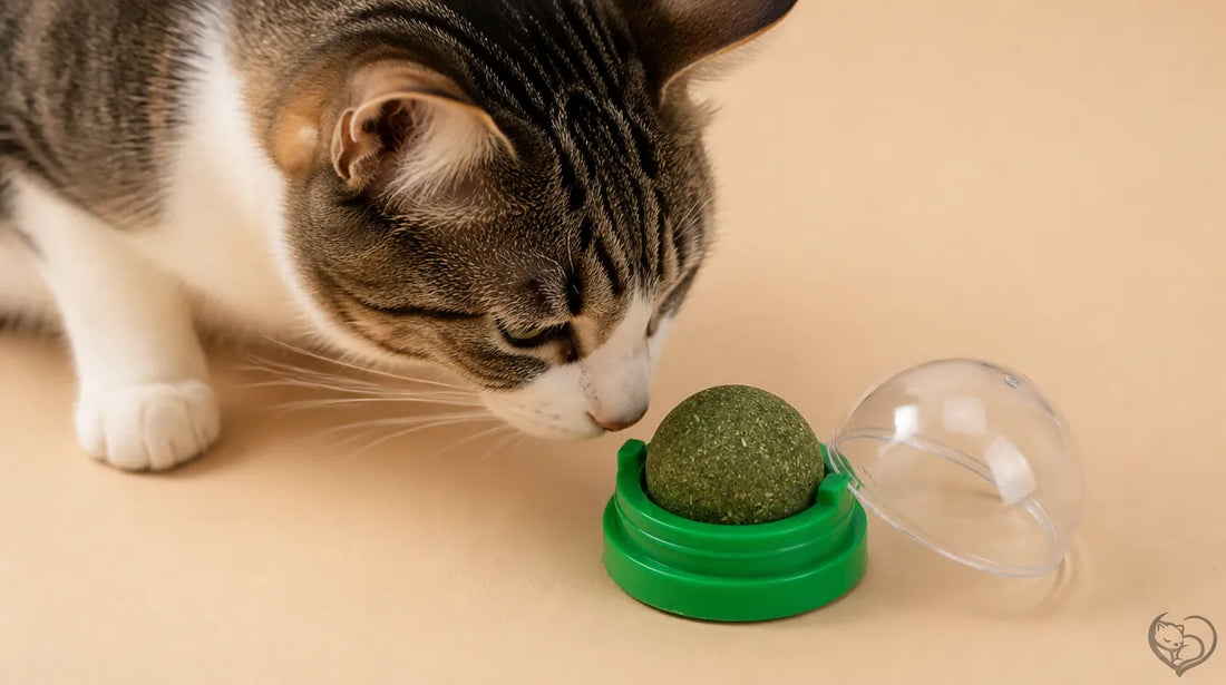 Tabby and white cat sniffing a green catnip ball in a small holder