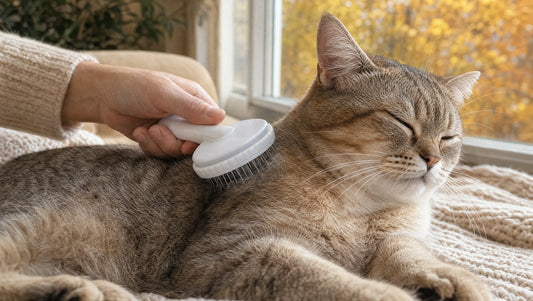Indoor cat shedding loose fur in fall light