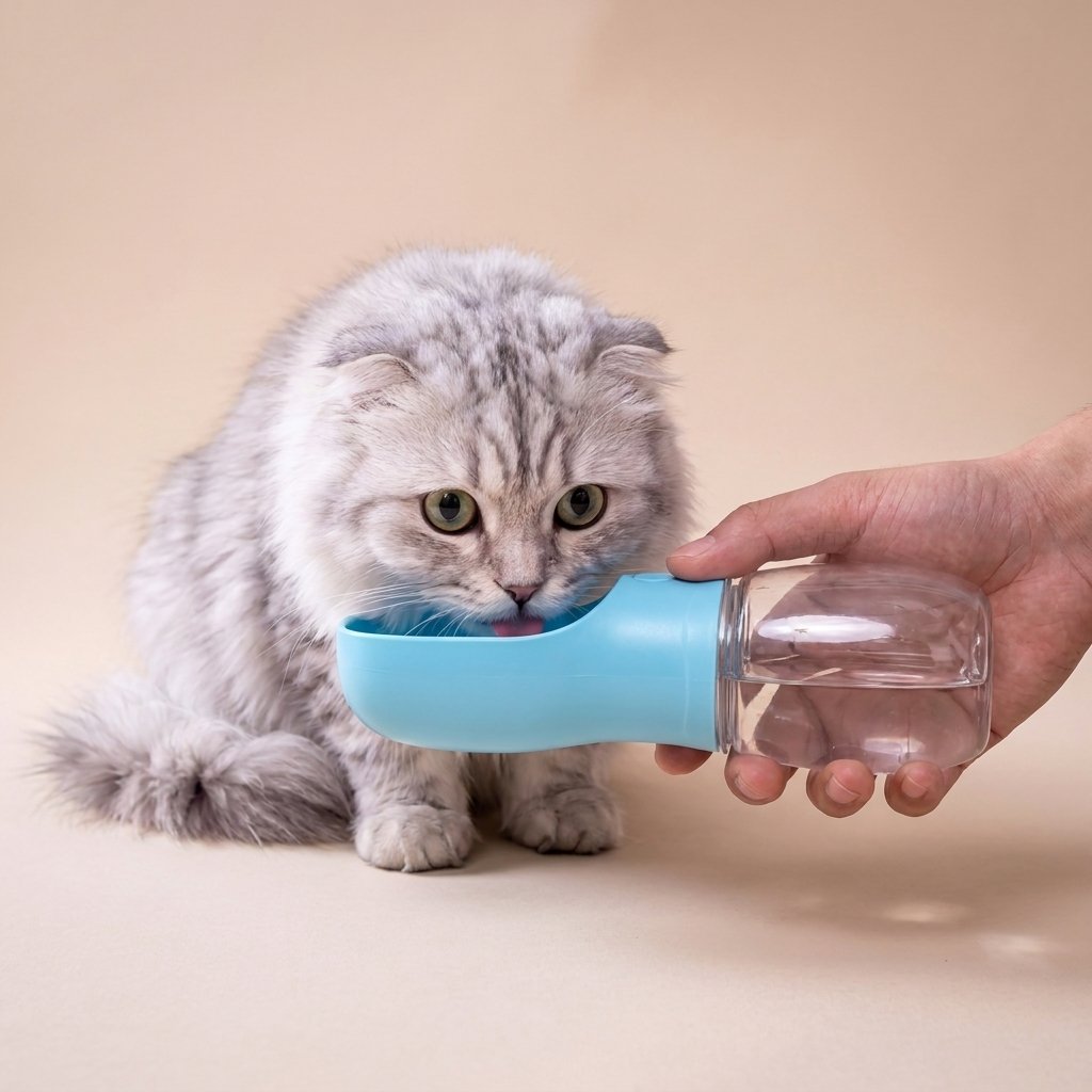 Grey Scottish Fold drinking from blue portable cat water bottle held by hand