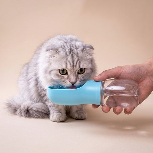 Grey Scottish Fold drinking from blue portable cat water bottle held by hand