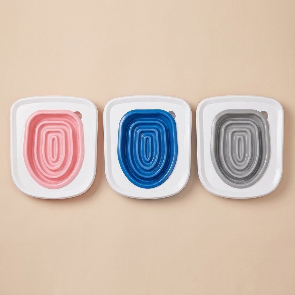 Casa Michi cat toilet trainer inserts in pink blue and gray on white frames, all colors