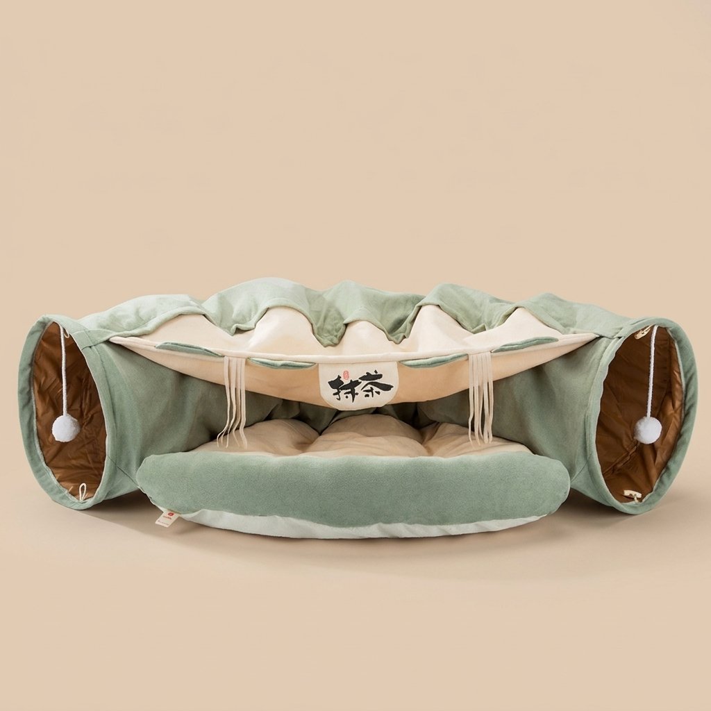 Sage green dual-tunnel cat bed with cream center nest, gold tunnel lining and pom-poms