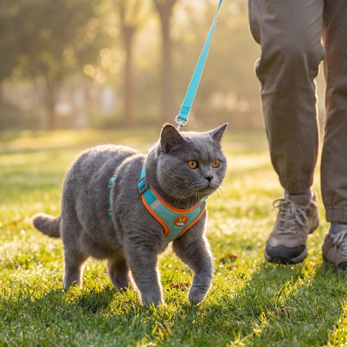 Grey British Shorthair walking outdoors in teal and orange mesh harness with leash