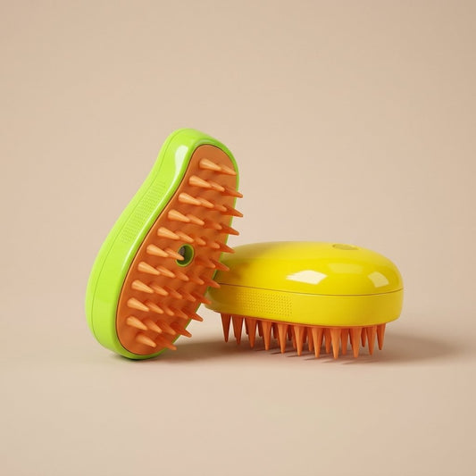 Green and yellow steamy cat brushes with orange silicone bristles, both colors
