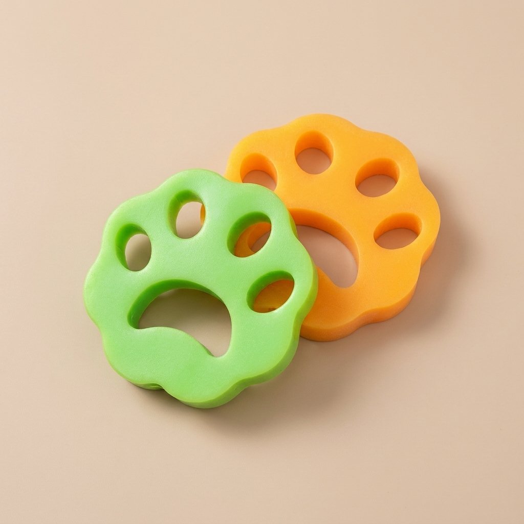Lime green and orange paw-shaped cat hair removers overlapping on tan background