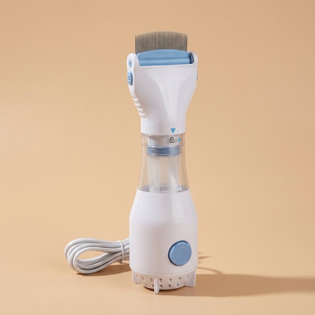 White and light blue electric flea comb upright with metal teeth, clear chamber and cord
