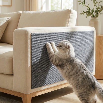 Silver tabby scratching dark grey ribbed anti-scratch mat on cream sofa arm