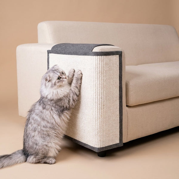 Fluffy grey cat scratching cream sisal sofa protector with grey trim on beige armrest