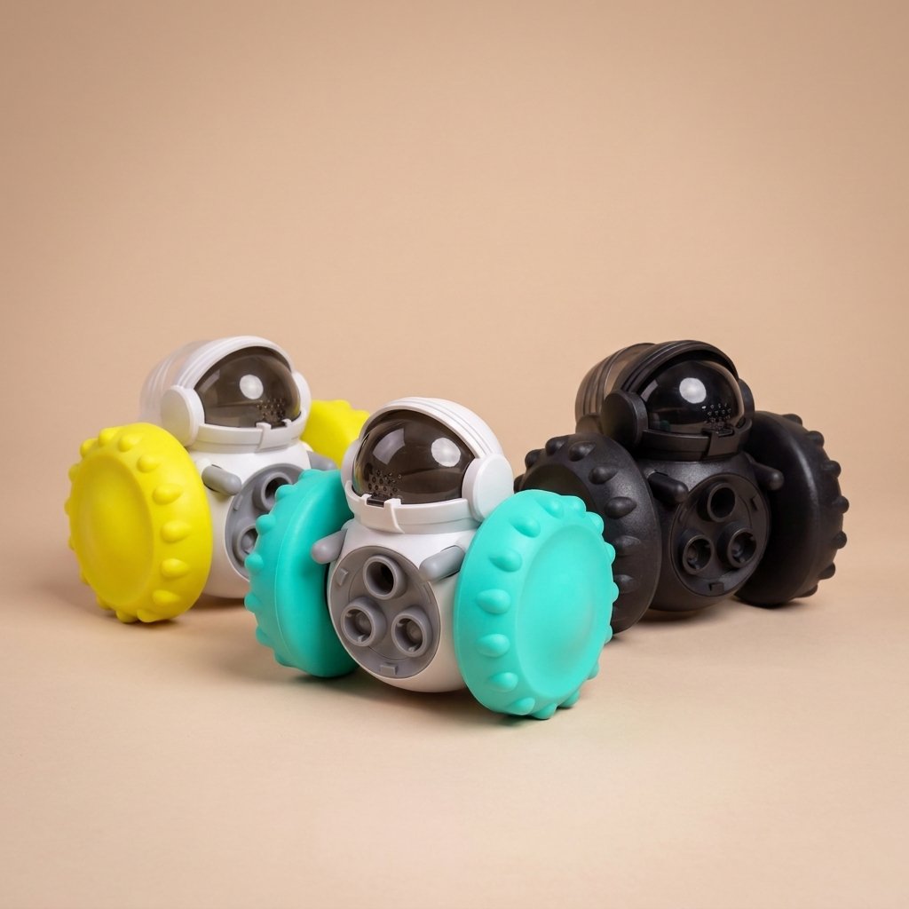 Three robot treat dispenser toys, white with teal wheels, yellow wheels, and black