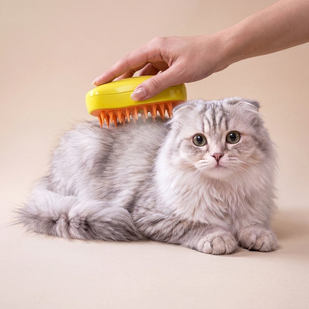 Hand brushing a fluffy grey cat with a yellow steamy brush, orange bristles on the coat