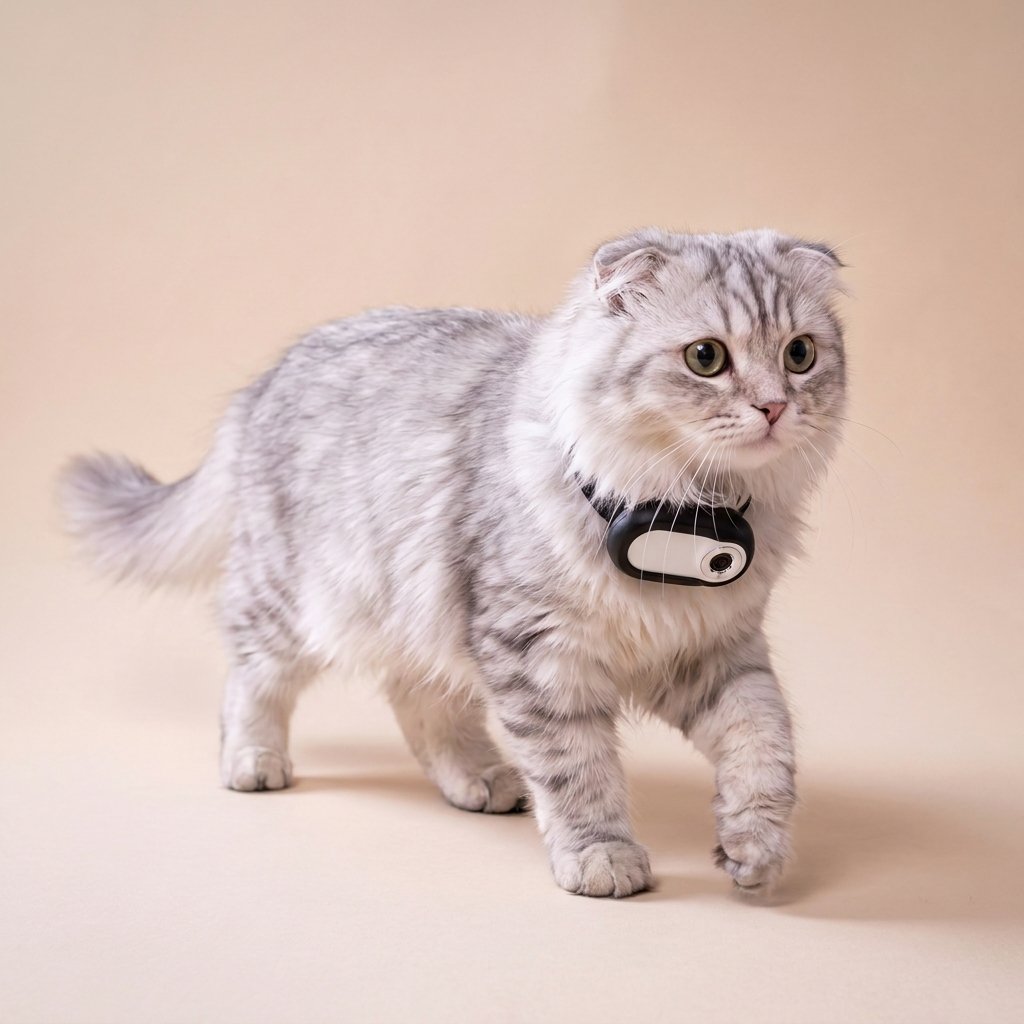Grey Scottish Fold walking wearing black cat camera collar under chin