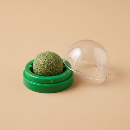 Casa Michi catnip ball open, green herb sphere in green holder with clear lid