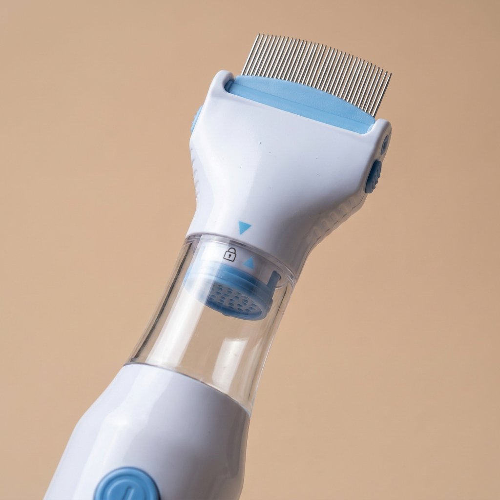 Close-up of electric flea comb head showing fine metal teeth and clear collection chamber