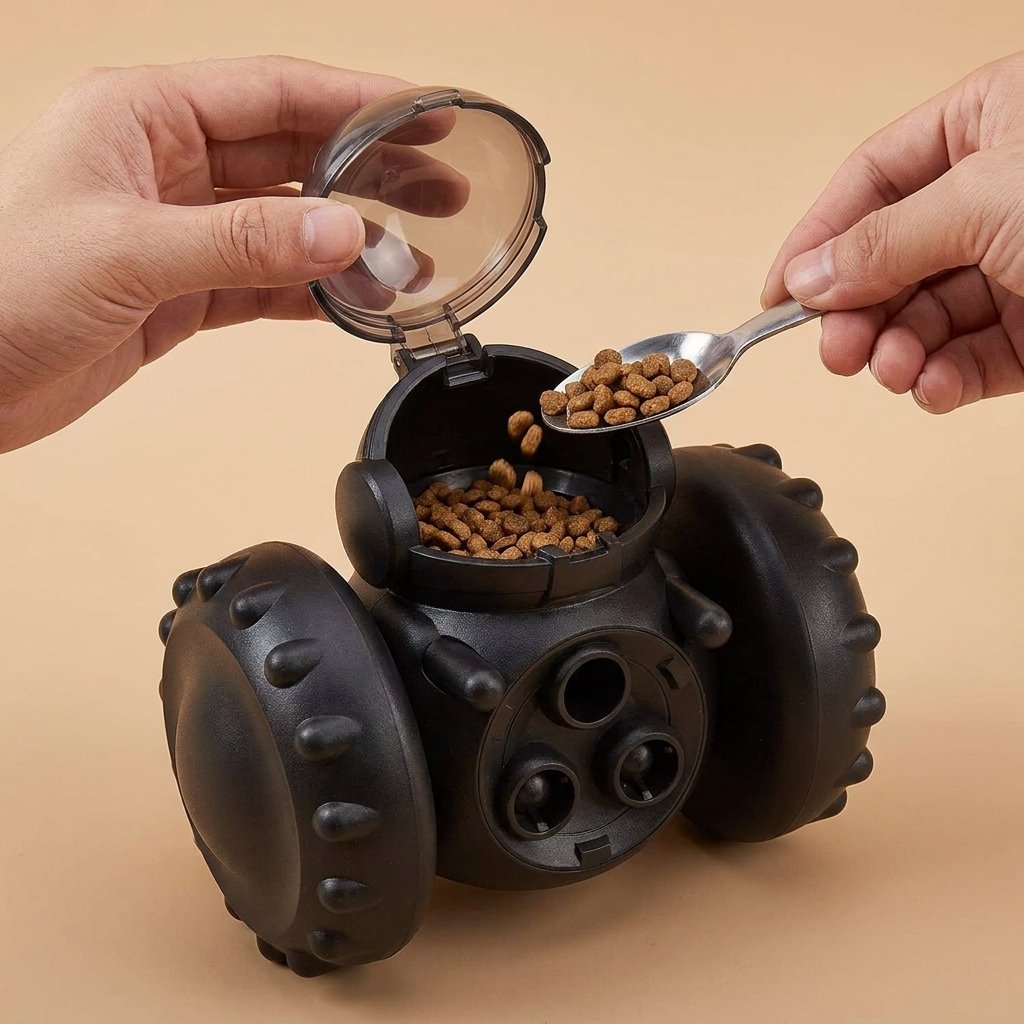 Hands filling a black robot treat dispenser toy with kibble through the open lid