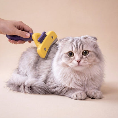 Hand grooming fluffy grey Scottish Fold with purple and yellow deshedding comb
