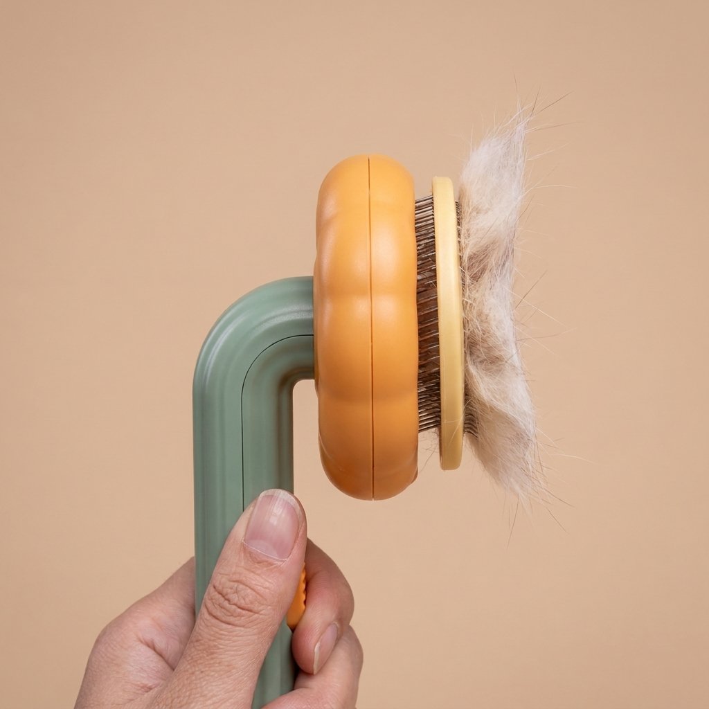 Side view of pumpkin cat brush ejecting shed fur with self-cleaning plate