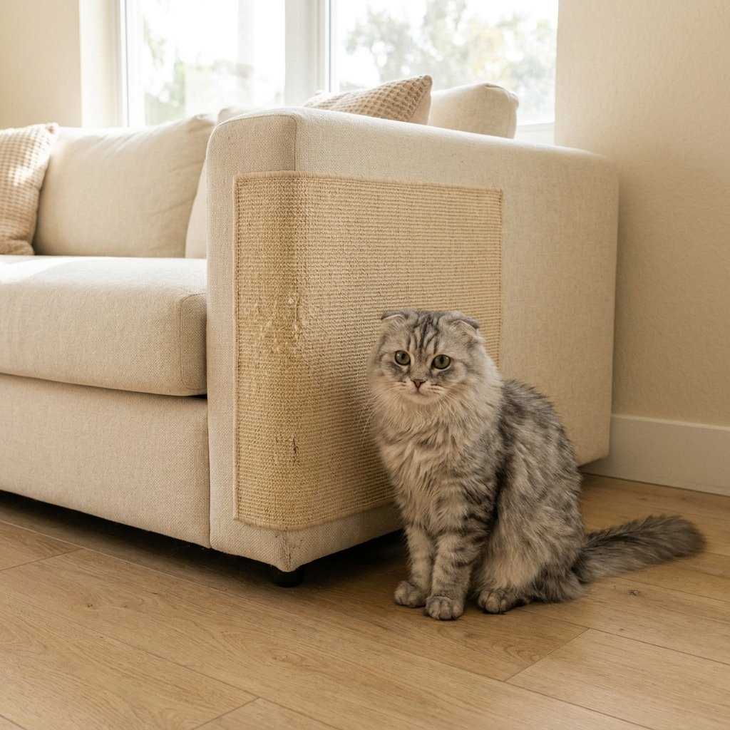 Grey Scottish Fold beside tan sisal anti-scratch mat on cream living room sofa