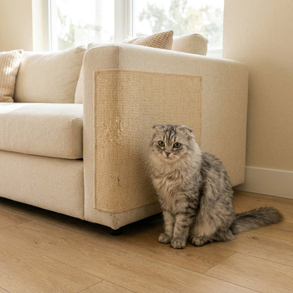 Grey Scottish Fold beside tan sisal anti-scratch mat on cream living room sofa