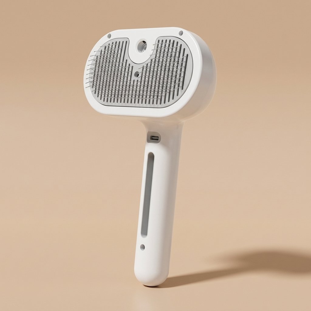 White Casa Michi steam grooming brush upright with metal bristles and USB-C port