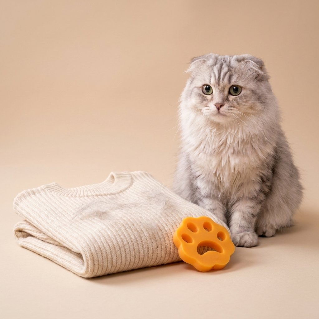 Grey Scottish Fold beside orange paw cat hair remover and beige sweater with shed fur