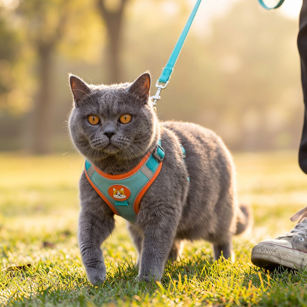 Grey British Shorthair walking on grass in a teal and orange mesh harness with leash