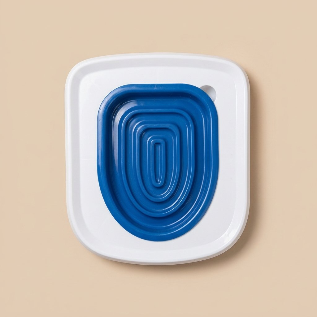Blue cat toilet trainer insert with concentric rings in white square frame, top view