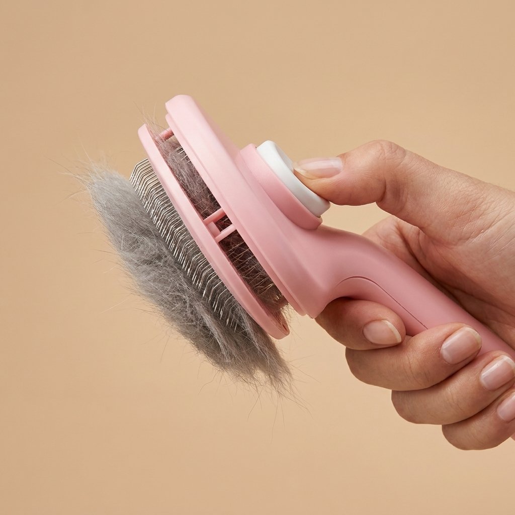 Self-cleaning cat brush close-up of metal bristles and white push plate