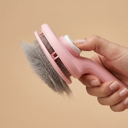 Self-cleaning cat brush close-up of metal bristles and white push plate
