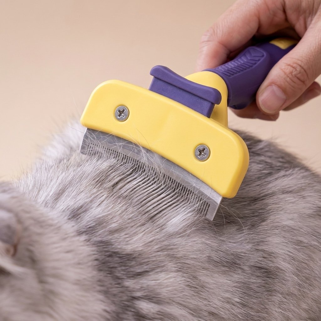 Hand using purple and yellow deshedding comb on long grey and white cat fur