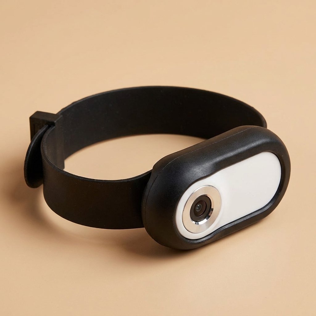 Black cat camera collar with white faceplate and silver lens ring, looped studio shot