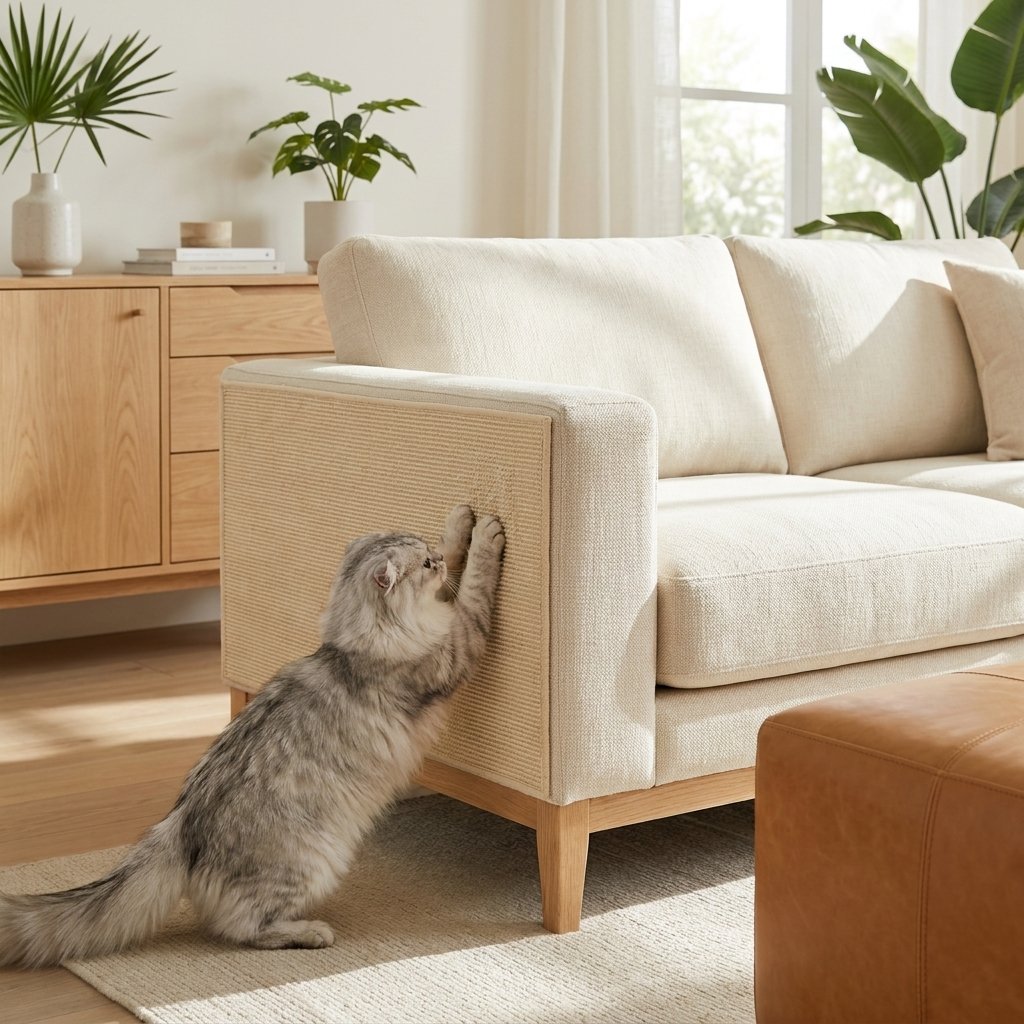 Long-haired grey cat scratching tan sisal sofa mat in bright living room