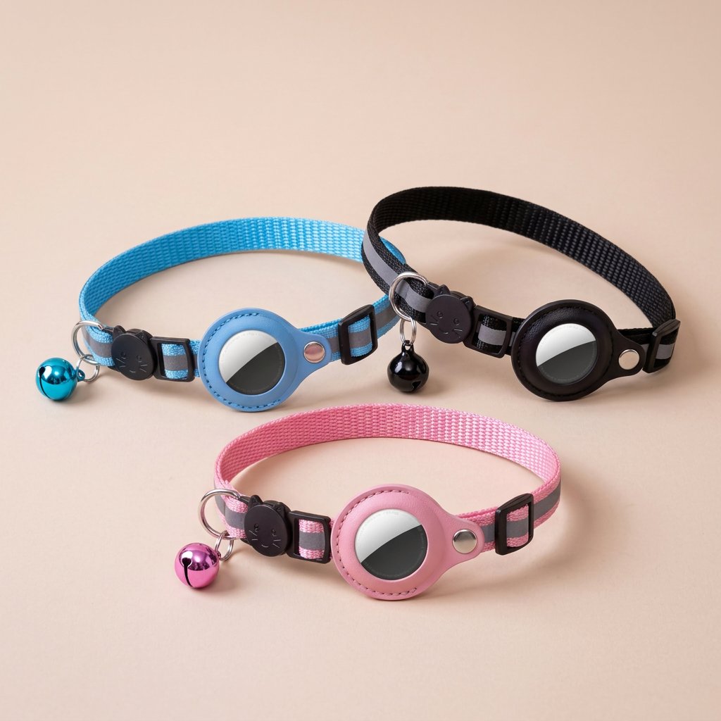 Blue pink and black reflective AirTag cat collars grouped with matching bells