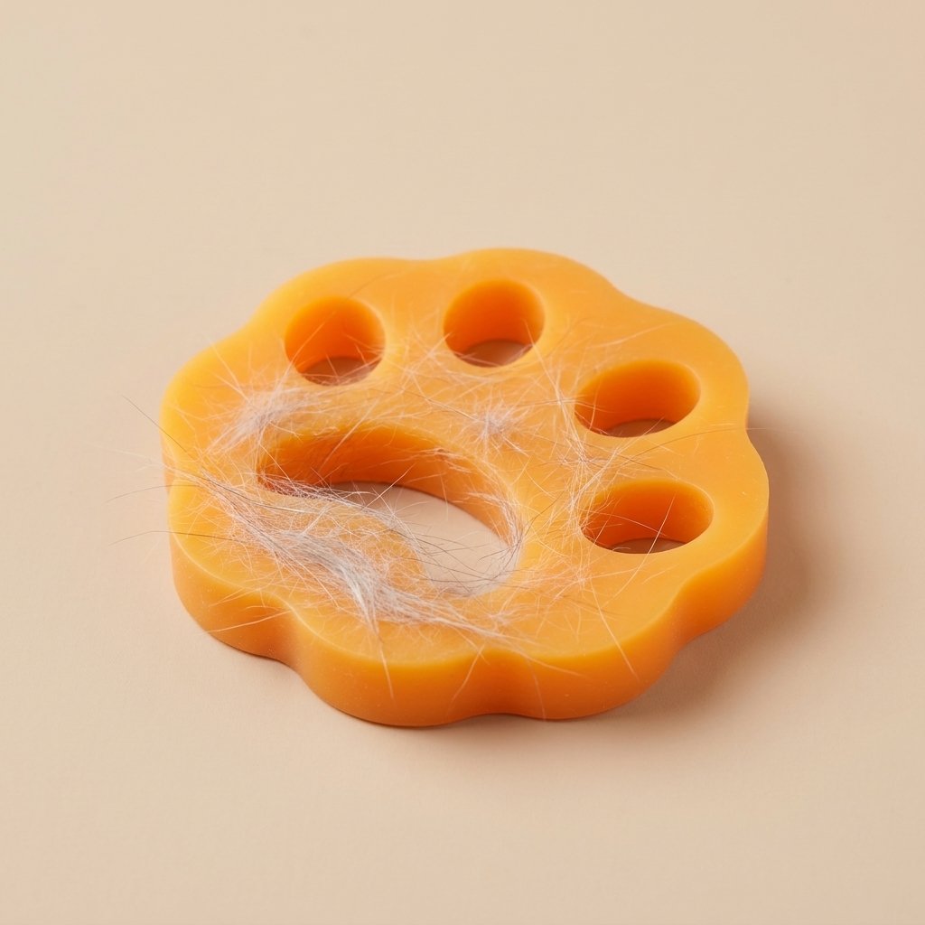 Orange paw-shaped cat hair remover holding a clump of grey and white fur