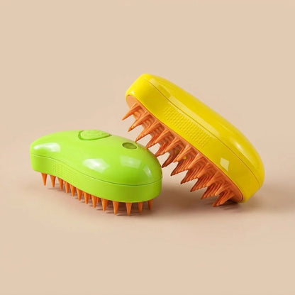 Lime green and yellow steamy cat brushes angled to show orange silicone bristles