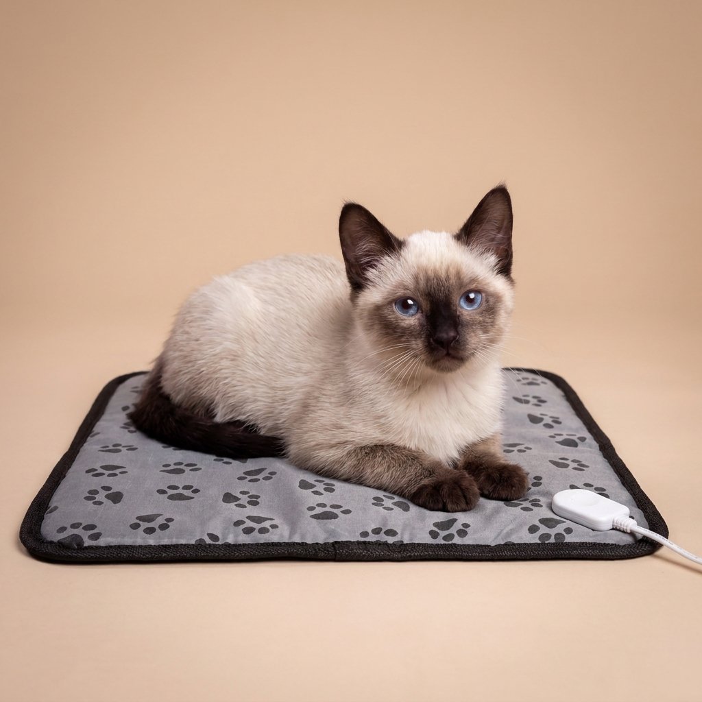 Siamese kitten sitting on grey paw-print heated cat mat with white cord