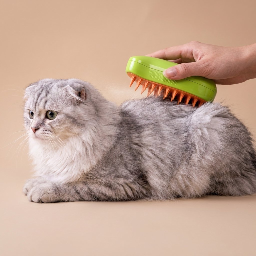 Hand brushing a fluffy grey cat with a lime green steamy brush, orange bristles on the coat
