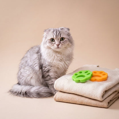 Grey Scottish Fold with lime green and orange paw cat hair removers in foreground