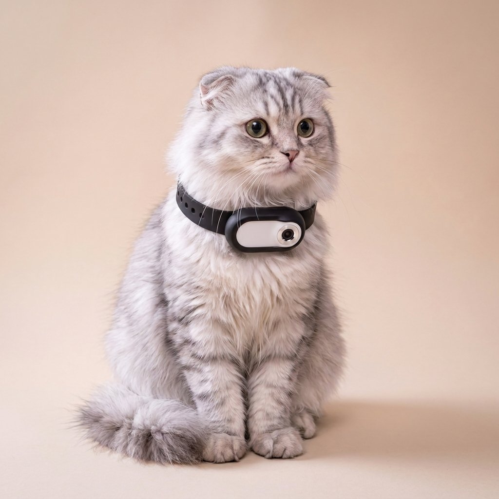 Grey Scottish Fold sitting in black camera collar, chest-up studio portrait