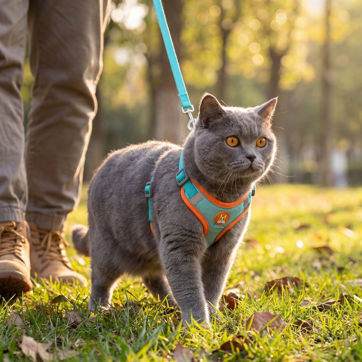 Grey cat walking on grass beside a person in a teal and orange mesh harness with leash