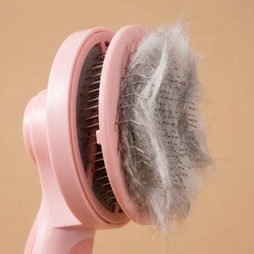 Self-cleaning slicker brush ejecting fur with push-plate mechanism