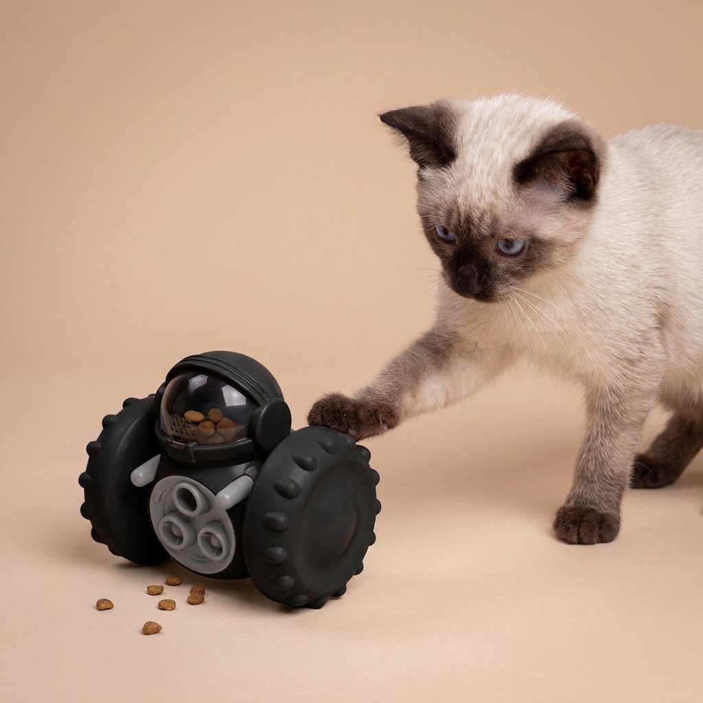 Siamese kitten reaching toward a black robot treat dispenser toy with spilled kibble